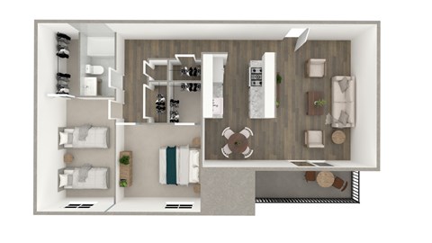 A top-down view of a small, neatly organized apartment with a kitchen, living room, and bathroom.